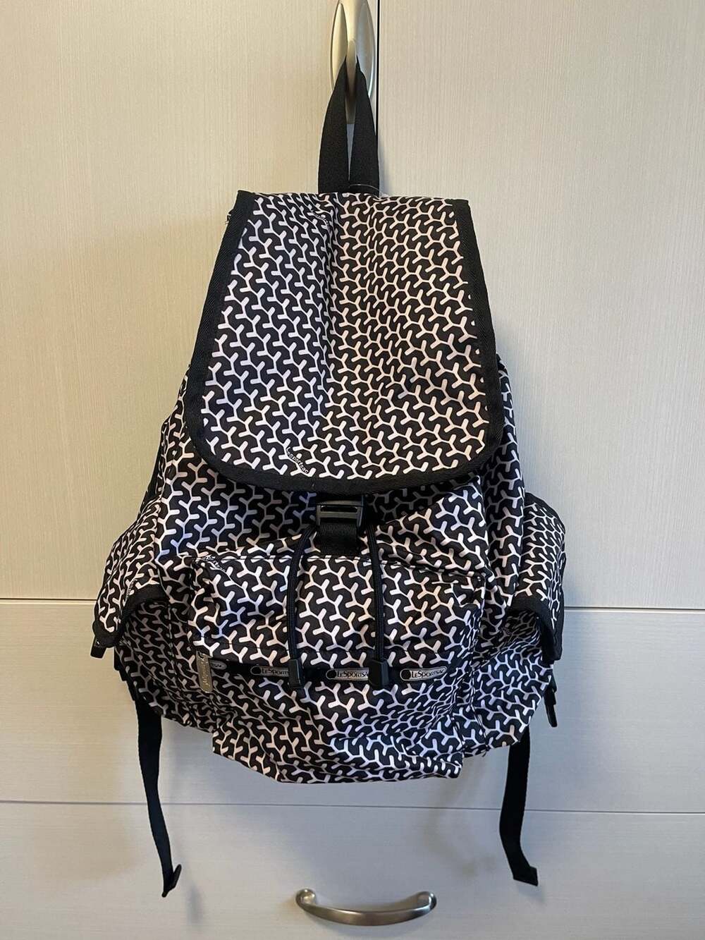 LeSportsac Voyager Backpack Black and White Geometric Print Large